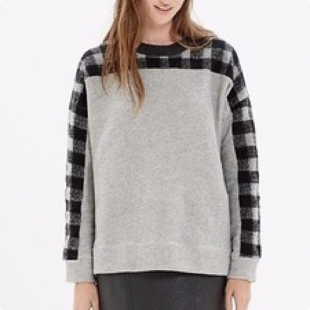 Madewell Grey Buffalo Plaid Wool Blend Pullover Relax Fit Sweatshirt Size L